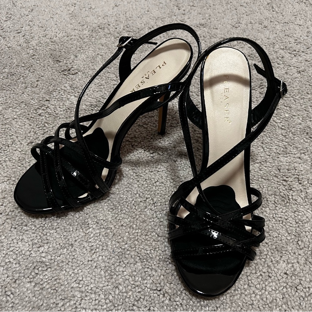 Pleaser Amuse-13 Black Patent Strappy Stiletto Heel Sandals